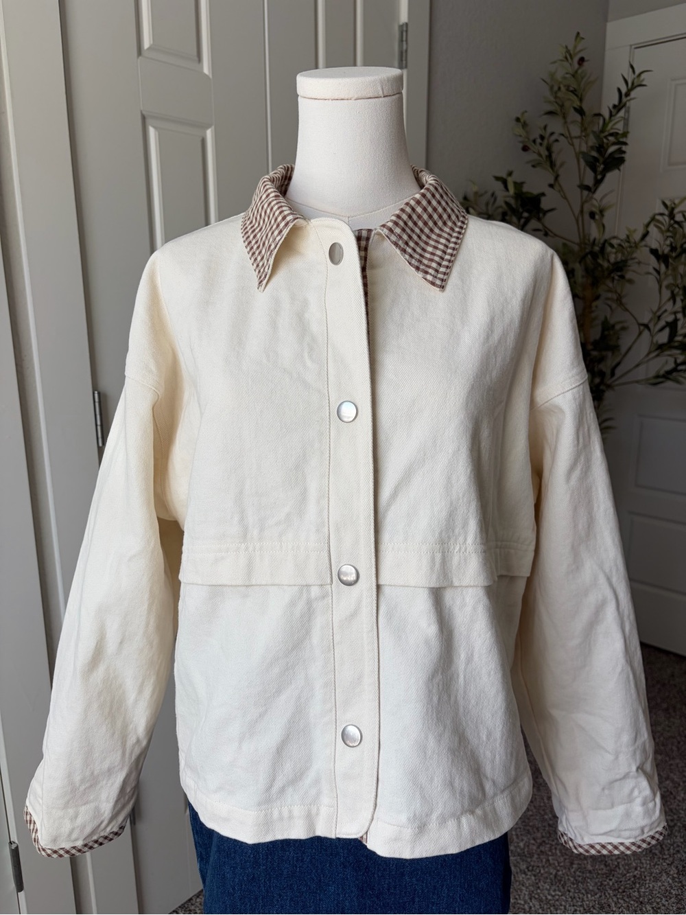 Le Lis cream canvas gingham trim jacket -Women's Cream Button-Front Jacket